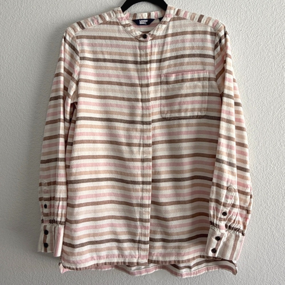 Lands End‎ Womens Small Pink Brown Striped Flannel Mandarin Collar Button Shirt